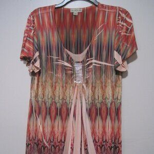 One World Live and Let Live Tunic Shirt Womens Medium Boho Floral Beaded Ruched